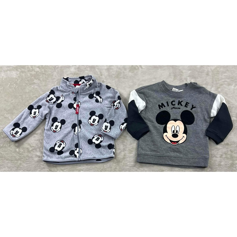 Lot of 2 H&M Disney Mickey Mouse Baby Boy 9M Fleece Jacket Sweatshirt Set Gray